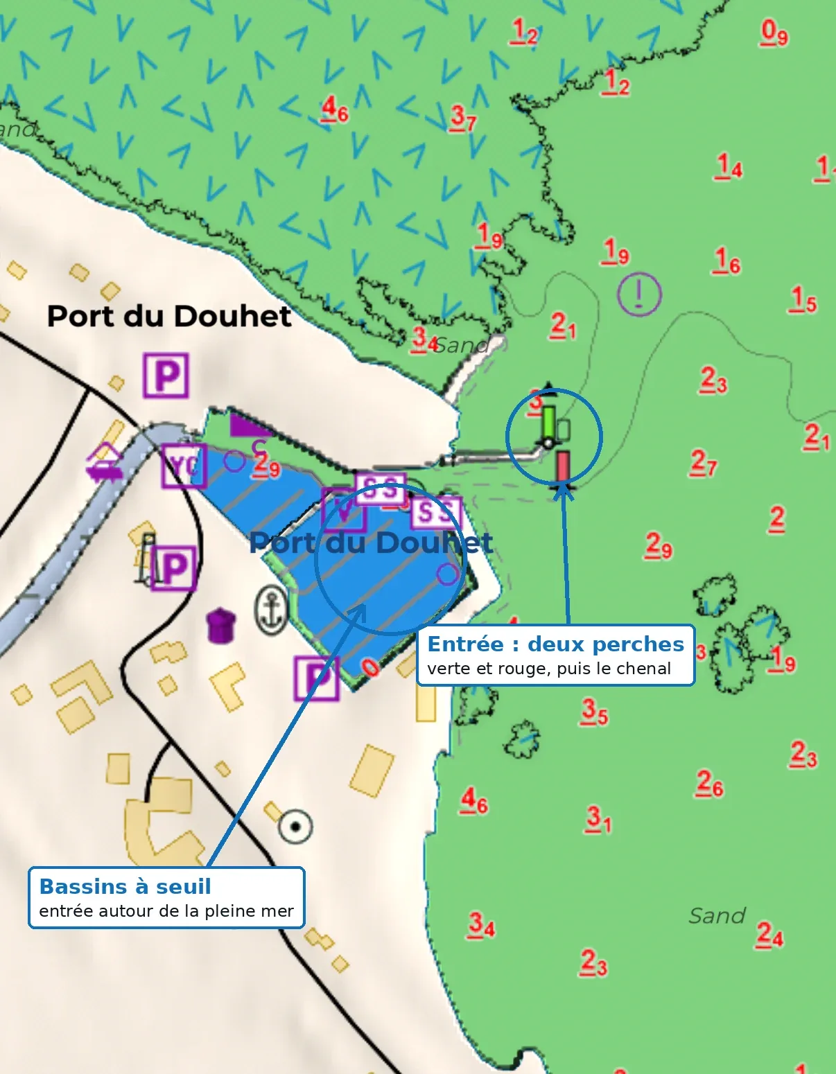 Carte de l'entrée du port du Douhet : les deux perches d'entrée et les bassins à seuil