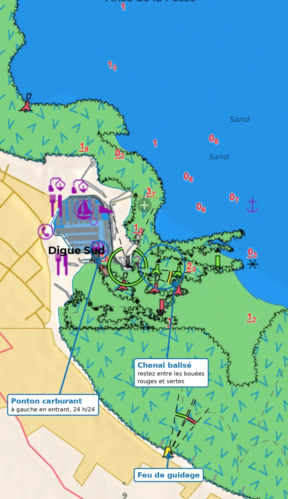 Carte de l'entrée de Saint-Denis-d'Oléron : chenal balisé et feu de guidage