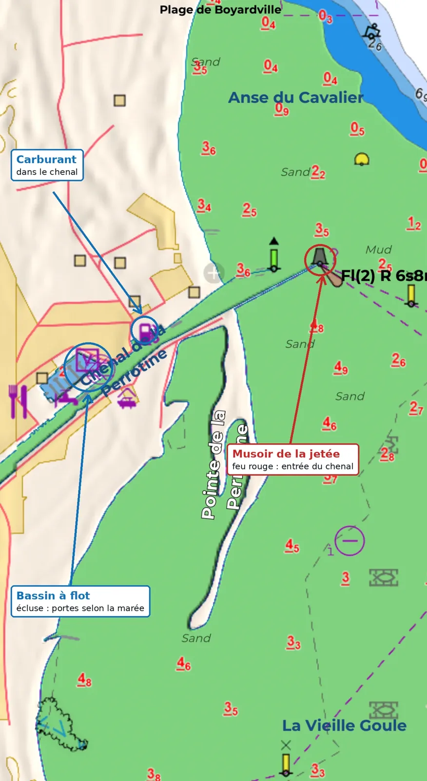 Carte du chenal de la Perrotine à Boyardville : musoir de la jetée, carburant et bassin à flot