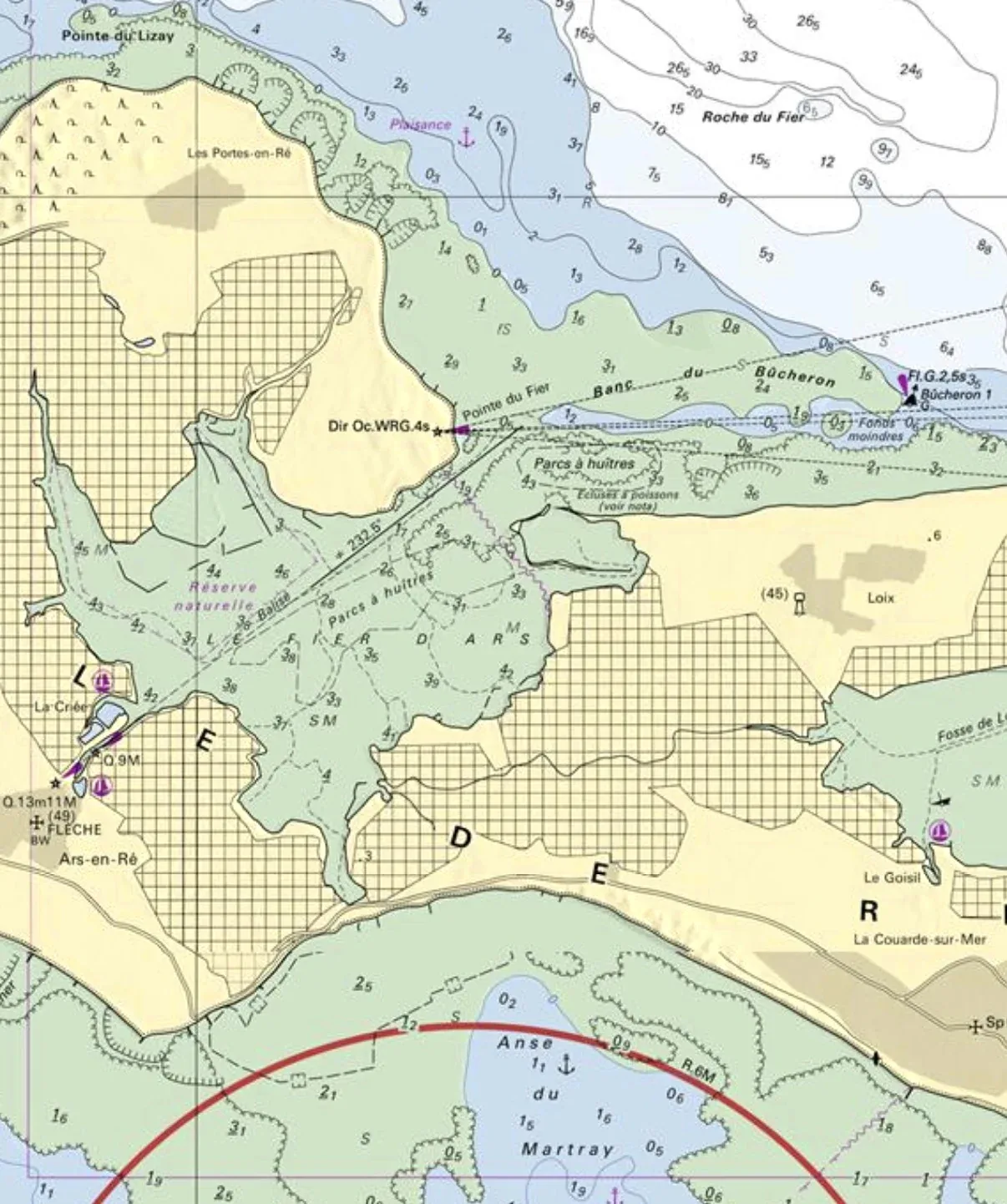 Carte du Fier d'Ars : bouée Bûcheron 1 et chenal balisé jusqu'à Ars-en-Ré