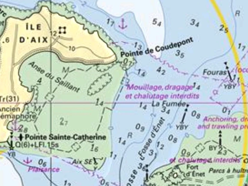 Carte marine du passage de la Fumée, entre la pointe de Coudepont sur l'île d'Aix et la pointe de la Fumée à Fouras