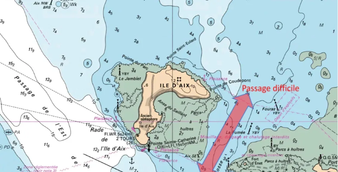 Carte des pertuis charentais avec les principales zones de danger