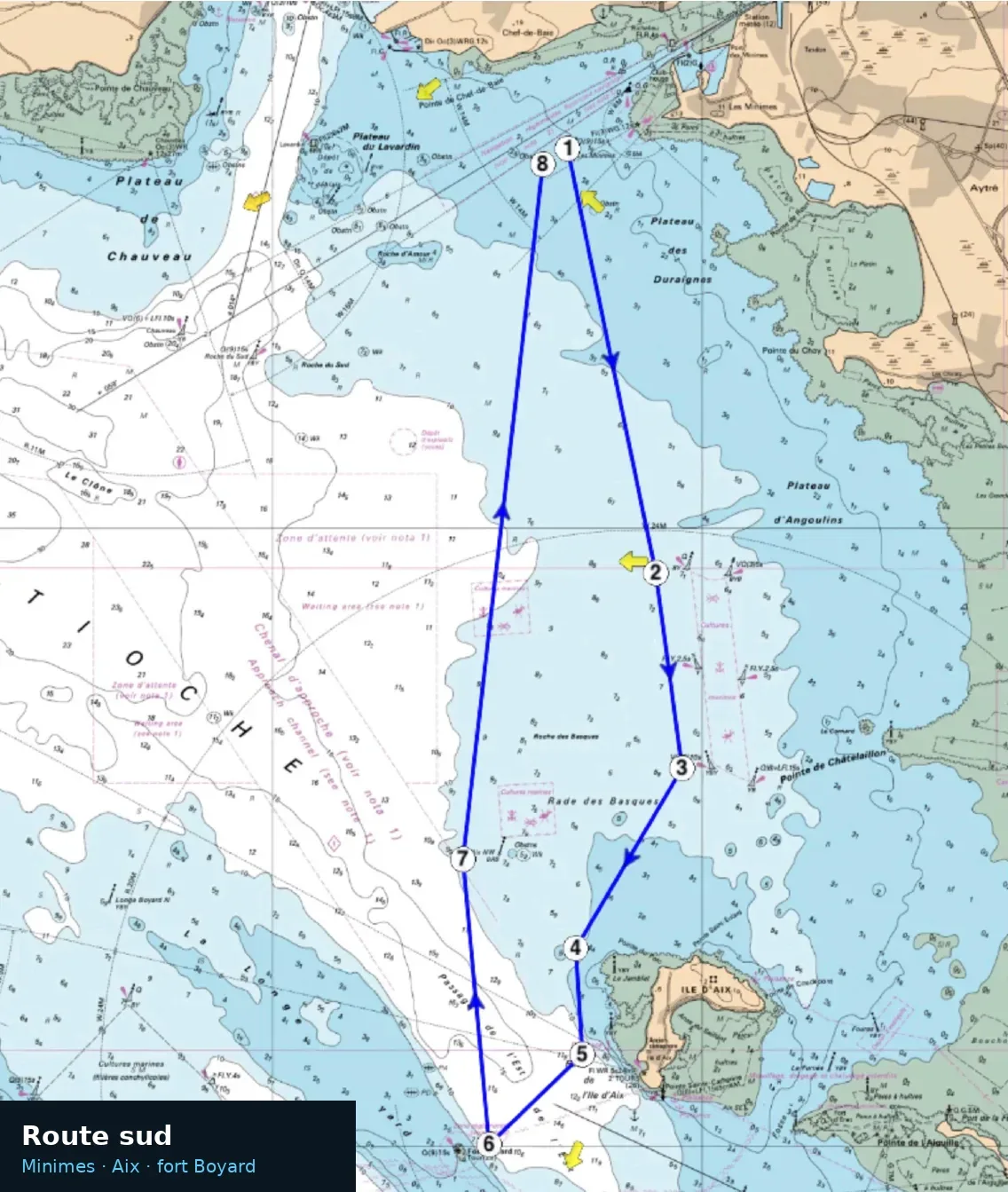 Carte de la route sud : des Minimes vers l'île d'Aix, retour par le fort Boyard, points 1 à 8