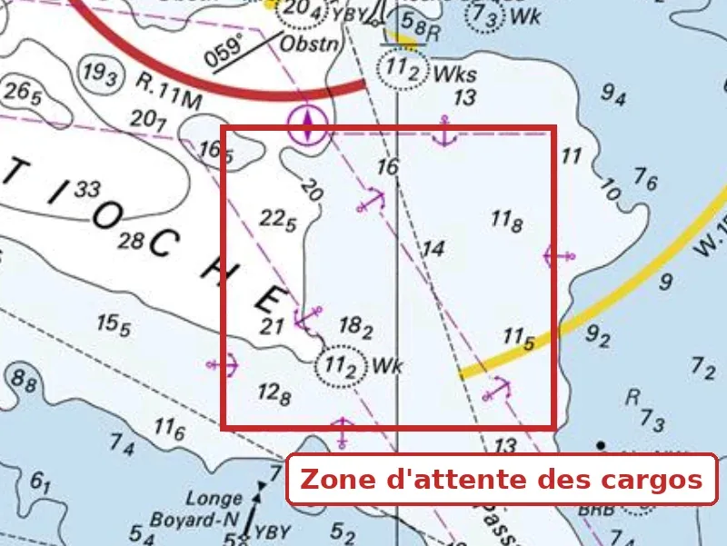 Carte de la zone d'attente des cargos dans le pertuis d'Antioche